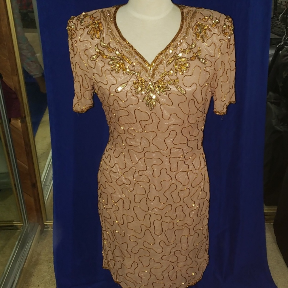 Dusty pink silk dress with gold sequin and bead lg
